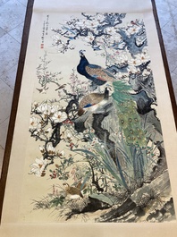 Yan Bolong 顏伯龍 (1898-1955): 'Peacocks and other birds among blossoming branches', ink and colour on paper