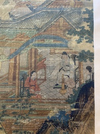 Ecole chinoise: 'Savants dans le pavillon', encre et couleurs sur soie, probablement Ming