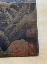 Chinese school: 'Landscape with a scholar and his servants', ink and colour on silk, Ming