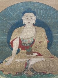Chinese school: 'Bhaishajyaguru' or 'Medicine Buddha', ink and colour on silk, probably 19th C.