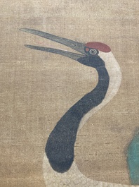 Chinese school: 'Cranes under a pine', ink and colour on silk, Ming