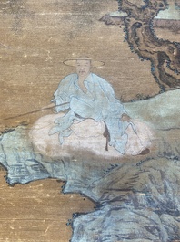 Ecole chinoise: 'Paysage au p&ecirc;cheur', encre et couleurs sur soie, Qing