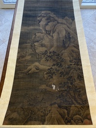 Chinese school: 'Landscape with a scholar and his servants', ink and colour on silk, Ming