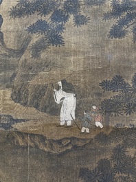 Chinese school: 'Landscape with a scholar and his servants', ink and colour on silk, Ming