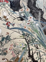Yan Bolong 顏伯龍 (1898-1955): 'Peacocks and other birds among blossoming branches', ink and colour on paper