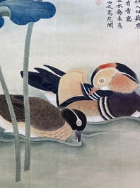 Chen Peiqiu 陳佩秋 (1922-2020): 'Mandarin ducks in a lotus pond', ink and colour on silk, dated 1961