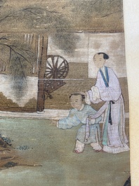 Ecole chinoise: 'Paysage au p&ecirc;cheur', encre et couleurs sur soie, Qing