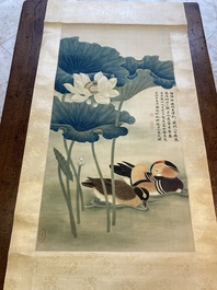 Chen Peiqiu 陳佩秋 (1922-2020): 'Mandarin ducks in a lotus pond', ink and colour on silk, dated 1961