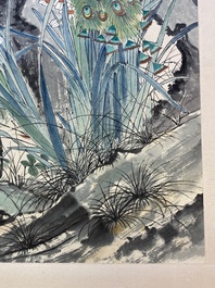 Yan Bolong 顏伯龍 (1898-1955): 'Peacocks and other birds among blossoming branches', ink and colour on paper