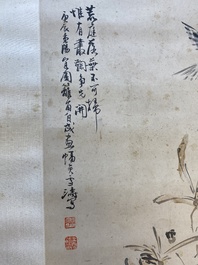 Suiveur de Wang Xuetao 王雪濤 (1903-1982): 'Oiseaux et fleurs', encre et couleurs sur papier, dat&eacute; 1940