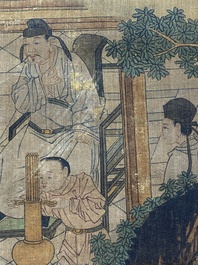 Ecole chinoise: 'Savants dans le pavillon', encre et couleurs sur soie, probablement Ming