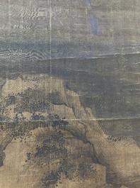 Chinese school: 'Landscape with a scholar and his servants', ink and colour on silk, Ming