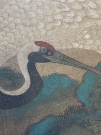 Chinese school: 'Cranes under a pine', ink and colour on silk, Ming