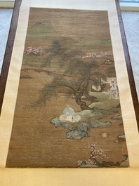 Ecole chinoise: 'Paysage au p&ecirc;cheur', encre et couleurs sur soie, Qing