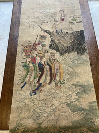 Chinese school: 'Bodhisattva looking over a group of deities', ink and colour on silk, Qing