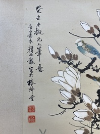 Yan Bolong 顏伯龍 (1898-1955): 'Peacocks and other birds among blossoming branches', ink and colour on paper