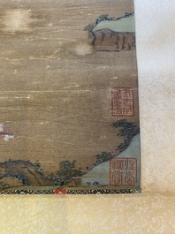 Ecole chinoise: 'Paysage au p&ecirc;cheur', encre et couleurs sur soie, Qing