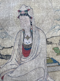 Chinese school: 'Bodhisattva looking over a group of deities', ink and colour on silk, Qing