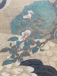 Chinese school: 'Cranes under a pine', ink and colour on silk, Ming