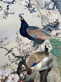 Yan Bolong 顏伯龍 (1898-1955): 'Peacocks and other birds among blossoming branches', ink and colour on paper