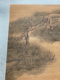 Chinese school: 'Cranes under a pine', ink and colour on silk, Ming