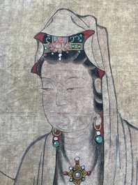 Chinese school: 'Bodhisattva looking over a group of deities', ink and colour on silk, Qing