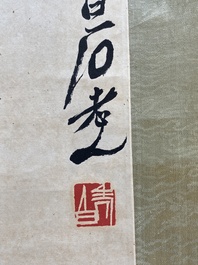 Navolger van Qi Baishi 齊白石 (1864-1957): 'Een olielamp met twee motten', inkt en kleur op papier