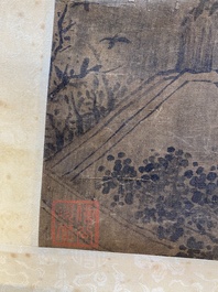 Chinese school: 'Landscape with a scholar and his servants', ink and colour on silk, Ming
