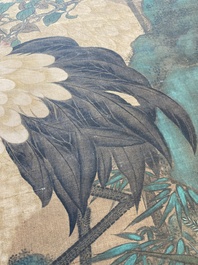 Chinese school: 'Cranes under a pine', ink and colour on silk, Ming