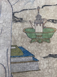 Chinese school: 'Bodhisattva looking over a group of deities', ink and colour on silk, Qing