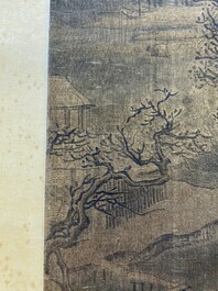 Chinese school: 'Landscape with a scholar and his servants', ink and colour on silk, Ming