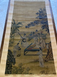 Chinese school: 'Elegant musical gathering', ink and colour on silk, probably Ming