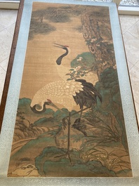 Chinese school: 'Cranes under a pine', ink and colour on silk, Ming