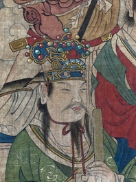 Chinese school: 'Bodhisattva looking over a group of deities', ink and colour on silk, Qing