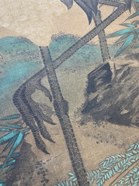 Chinese school: 'Cranes under a pine', ink and colour on silk, Ming