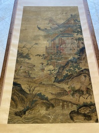 Ecole chinoise: 'Savants dans le pavillon', encre et couleurs sur soie, probablement Ming