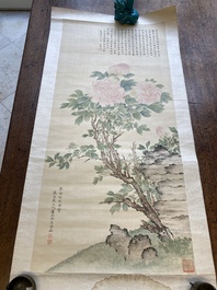 Qiu Jin 秋瑾 (1875-1907): &lsquo;Peonies&rsquo;, ink and colour on silk