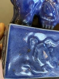 A Chinese monochrome blue Qianlong seal with a Buddhist lion, 19/20th C.