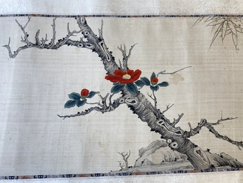 Yu Fei'an 于非闇 (1889-1959): 'Papillon, bambous et cam&eacute;lias', encre et couleurs sur soie, dat&eacute; 1941