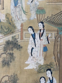 Chinese school: Two garden scenes with ladies and boys, ink and colour on silk, Qing