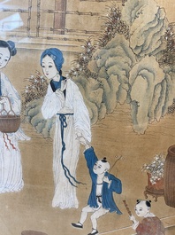 Chinese school: Two garden scenes with ladies and boys, ink and colour on silk, Qing