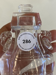 A Chinese rock crystal covered vase on wooden stand, 19/20th C.