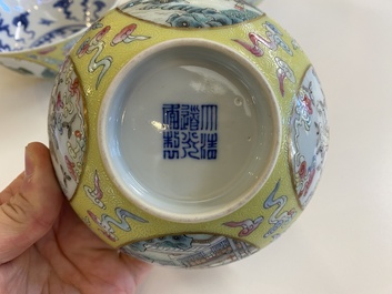 Drie Chinese famille rose kommen met gele sgraffito fondkleur, Daoguang merk en mogelijk periode