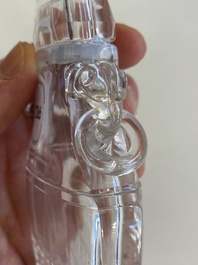 A Chinese rock crystal covered vase on wooden stand, 19/20th C.