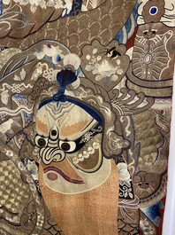 A large Chinese silk and metallic thread embroidered wall tapestry with an opera scene, 19th C.