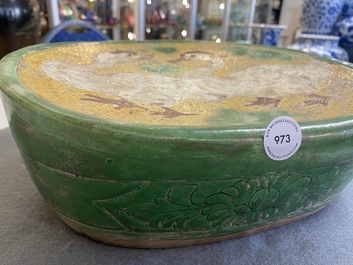 A Chinese sancai 'mandarin ducks' pillow, possibly Dangyangyu kilns, Henan, Song or later