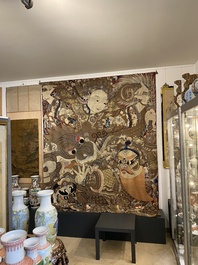 A large Chinese silk and metallic thread embroidered wall tapestry with an opera scene, 19th C.