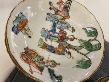 Sept tasses et huit soucoupes en porcelaine de Chine famille rose, marque et &eacute;poque de Tongzhi
