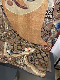 A large Chinese silk and metallic thread embroidered wall tapestry with an opera scene, 19th C.