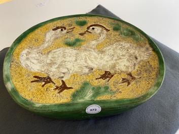 A Chinese sancai 'mandarin ducks' pillow, possibly Dangyangyu kilns, Henan, Song or later